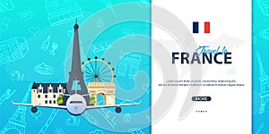 France and Paris travel banner. With flat and doodle elements. Doodles background. Vector illustration.