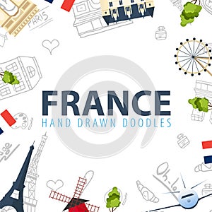 France and Paris travel banner. With flat and doodle elements. Doodles background. Vector illustration.