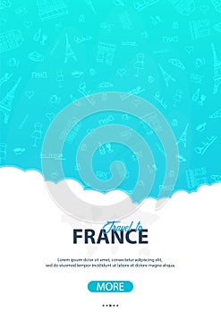 France and Paris travel banner. With flat and doodle elements. Doodles background. Vector illustration.