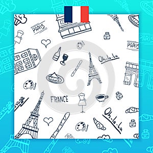 France and Paris travel banner. With flat and doodle elements. Doodles background. Vector illustration.