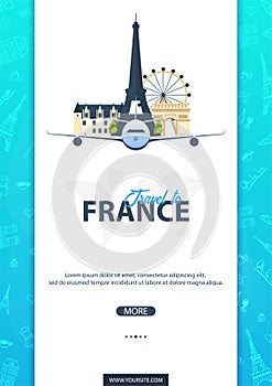 France and Paris travel banner. With flat and doodle elements. Doodles background. Vector illustration.