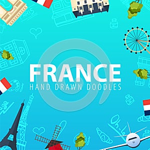 France and Paris travel banner. With flat and doodle elements. Doodles background. Vector illustration.