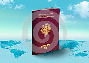 France Passport on world map with clouds in background
