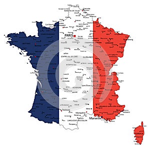 France highly detailed political map with national flag isolated on white background.