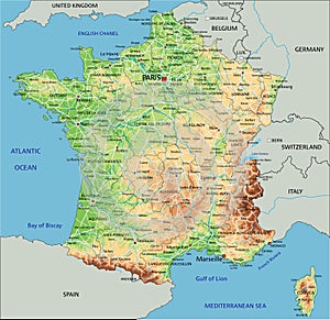 High detailed France physical map with labeling. photo