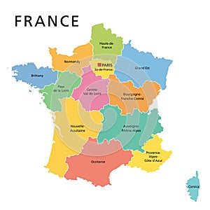 France, political map with multicolored regions of Metropolitan France