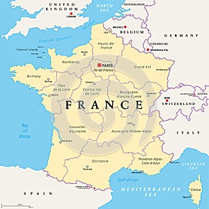 France, political map. Regions of Metropolitan France