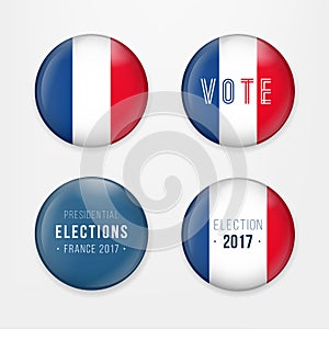 France Presidential Election Voting. Badges Set. A set of french buttons and caps.Vector Illustration.