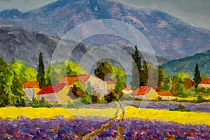 France. Provence landscape. Panorama rural countryside in spring or summer. Lavender field, mountains and houses.