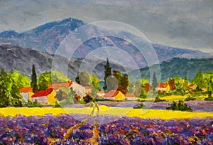France. Provence landscape. Panorama rural countryside in spring or summer. Lavender field, mountains and houses.