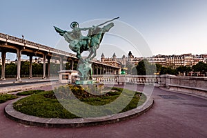 France Reborn Statue on Bir-Hakeim Bridge at Dawn, Paris