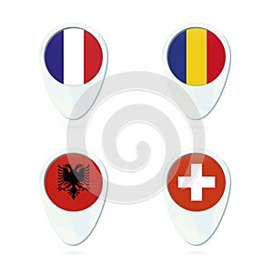 France, Romania, Albania, Switzerland flag location map pin icon