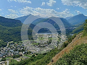 France Savoie Maurienne Valley with Aiguilles of Arves in summer and blue sky