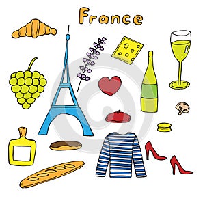 France set, vector illustration, Eiffel tower, croissant and other traditional food, wine, lavender sprig and clothing, hand