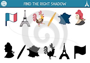 France shadow matching activity. French puzzle with Marianne, map, Eiffel Tower, rooster, baguette. Find correct silhouette
