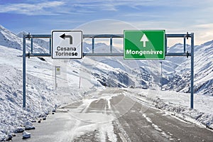 France ski town Cesana Torinese and Mongenevre road big sign with a lot of snow and mountain sky
