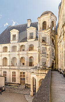 France. A spiral staircase in the courtyard of the Chateau de Chambord, 1519 - 1547 years. List of UNESCO