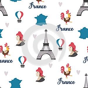 France symbols vector seamless pattern. Repeating background with Eiffel tower, Marianne, map, tricolor hot air balloon. Cute