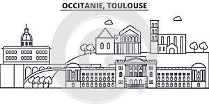 France, Toulouse architecture line skyline illustration. Linear vector cityscape with famous landmarks, city sights