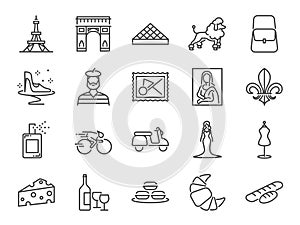 France travel icon set. Included the icons as French toast, landmarks, The Eiffel Tower, baguettes, Paris fashion, Brand name, Poo