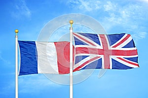 France and United Kingdom two flags on flagpoles and blue cloudy sky