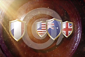 France and Us Australia and Great Britain flags in golden shield on copper texture background.aukus defense pact. france aukus