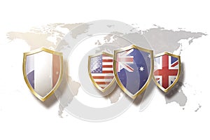 France and Us Australia and Great Britain flags in golden shield on copper texture background.aukus defense pact. france aukus