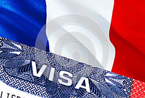 France Visa Document, with France flag in background. France flag with Close up text VISA on USA visa stamp in passport,3D