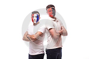 France vs Albania. Football fans of national teams before match on white background.