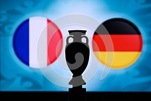 France vs Germany, Euro national flags and football trophy silhouette. Background for soccer match, Group F, 16. June 2020, Munich