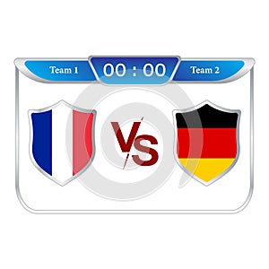 France VS Germany football match scoreboard with shield shape blue color lower thirds template for sports like soccer and football