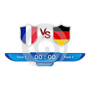 France VS Germany scoreboard with shield shape blue color lower thirds template for sports like soccer and football. Vector
