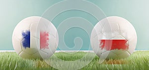 France vs Poland football match infographic template for Euro 2024 matchday scoreline announcement. Two soccer balls with country