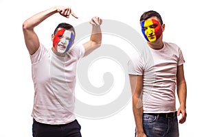 France vs Romania on white background. Football fans of Romania and France national teams