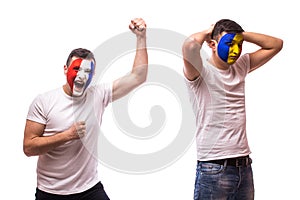 France vs Romania on white background. Football fans of Romania and France national teams