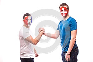 France vs Switzerland friendly handshake before game on white background.