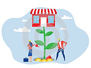 Franchise business concept, businesswoman watering franchise trees growing store shop profit