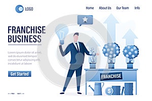 Franchise business, landing page template. Businessman offers and sells successful franchises