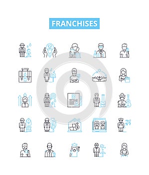 Franchises vector line icons set. Franchises, franchising, franchisors, franchisees, licensing, business, startups