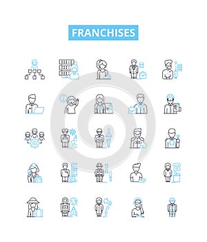 Franchises vector line icons set. Franchises, franchising, franchisors, franchisees, licensing, business, startups