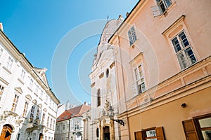 Franciscan church and old town street in Bratislava, Slovakia