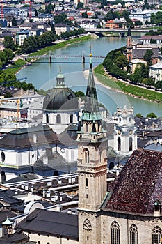 Franciscan Church of Salzburg sight from Hohensalzburg Castle. Austria