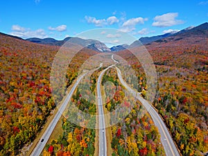 Franconia Notch in fall aerial view, New Hampshire, USA