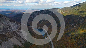 Franconia Notch fall foliage aerial view, New Hampshire NH, USA