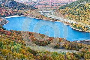 Franconia Notch State Park, aerial view of Lake in foliage season