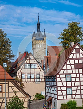 Franconian half-timbered buildings with the Blue Tower built in 1200 of Bad Wimpfen. Neckartal, Baden-Wuerttemberg, Germany,