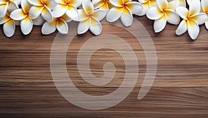 Frangipani flowers on wooden background. Spa concept. Top view