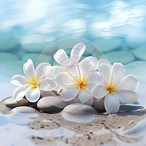 Frangipani or plumeria flowers yellow and white color on clearly water surface, romantic soft relaxed tropical mood , AI generated