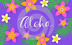 Frangipani plumeria tropical flowers and coconut palm leaves frame banner flatlay background