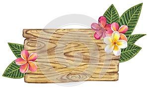 Frangipani, Plumeria wooden signboard. Green palm leaves yellow pink flowers. Jungle tropical exotic foliage. Hand-drawn